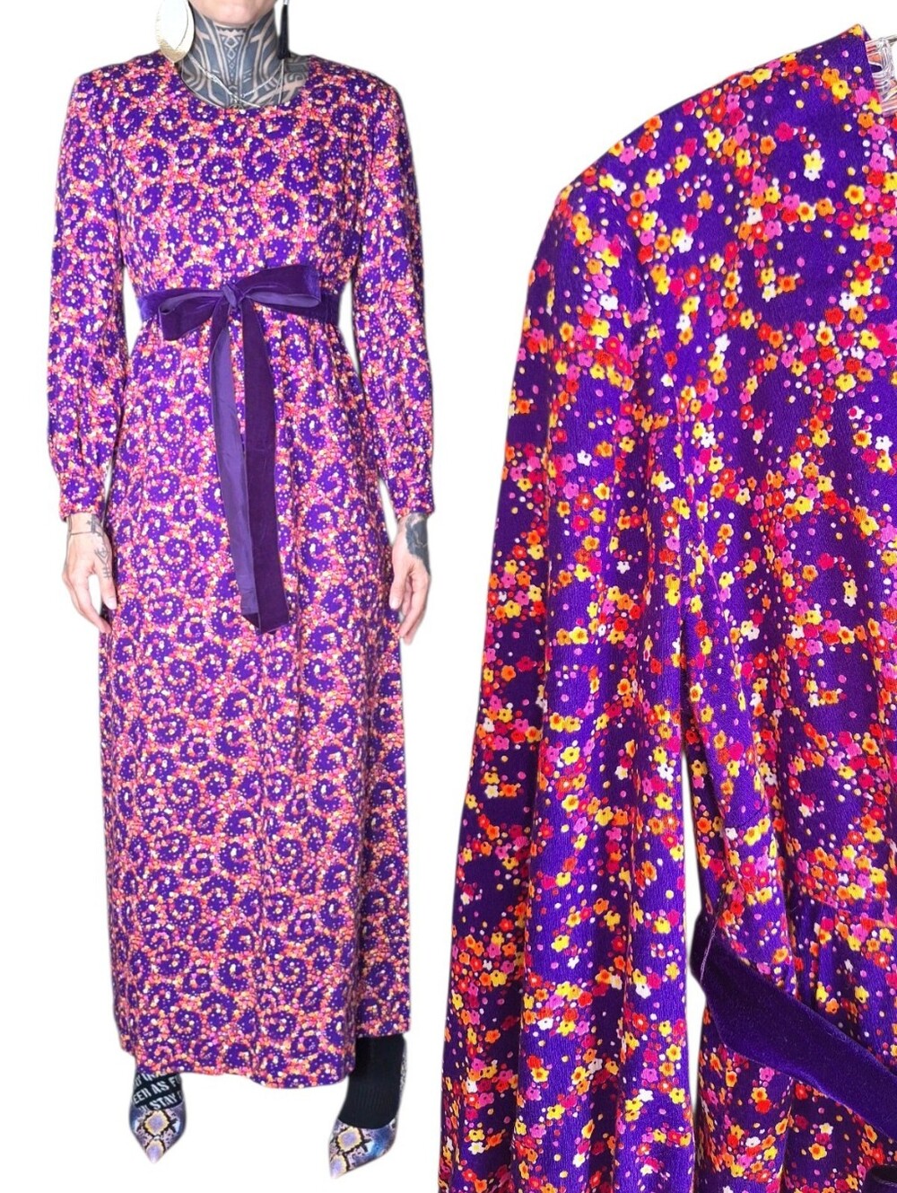 Vintage 60s THC Hawaiian Textiles Floral Neon Maxi Dress XS Long Sleeve Hippie